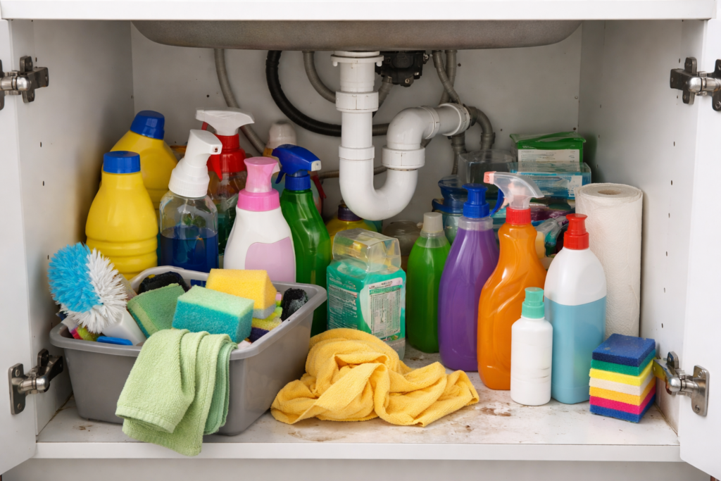 Messy under-sink cabinet with cleaning supplies
