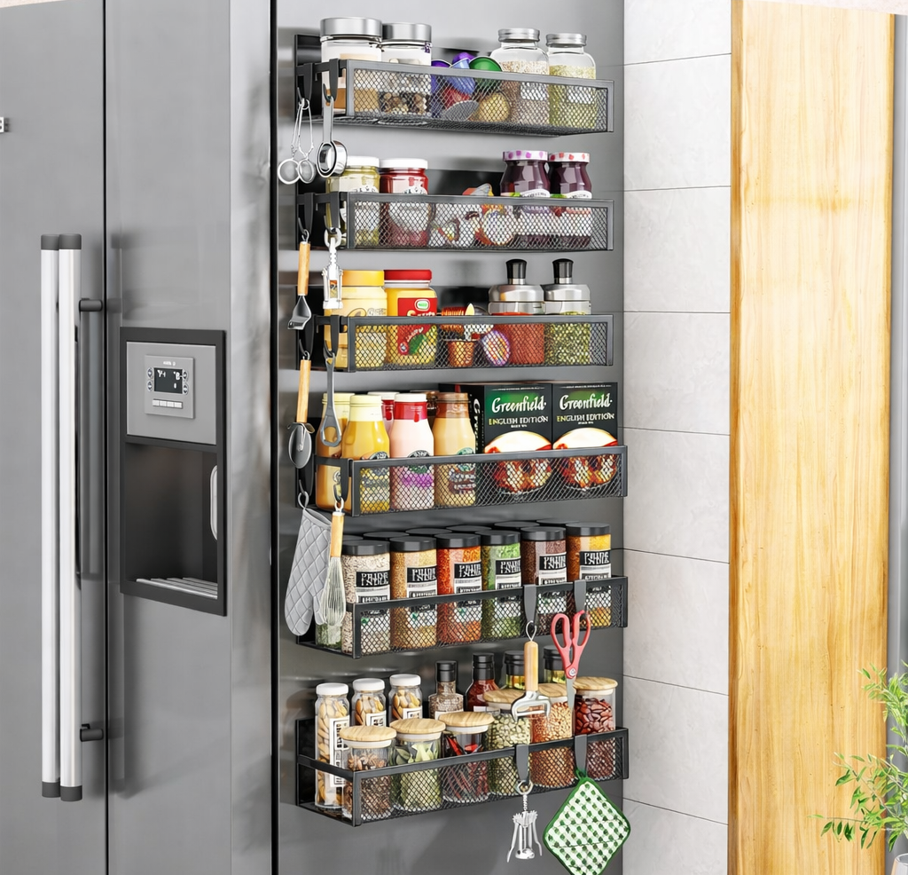 Magnetic organizer attached to the side of a refrigerator holding spice jars and small kitchen items
