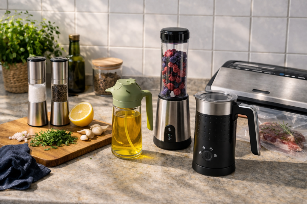 Smart kitchen prep tools on a kitchen counter.