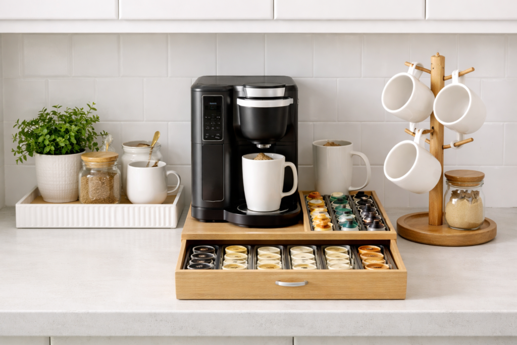 Organized coffee station with mug tree, coffee pod drawer and tray on kitchen counter