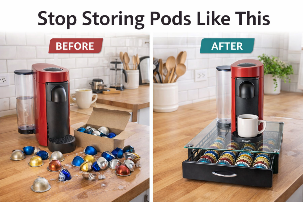 Coffee pod storage before and after using a drawer organizer under a coffee machine