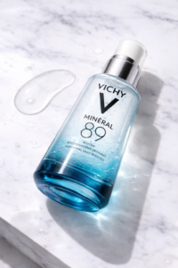 Vichy Mineral 89 hydrating serum on bathroom surface