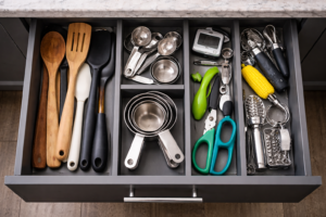 Organized kitchen drawer with utensils separated into zones using dividers
