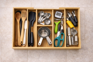 Expandable bamboo kitchen drawer organizer with multiple compartments