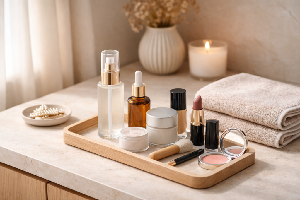 Skincare and makeup products arranged on a tray with towels and candle on a bathroom counter