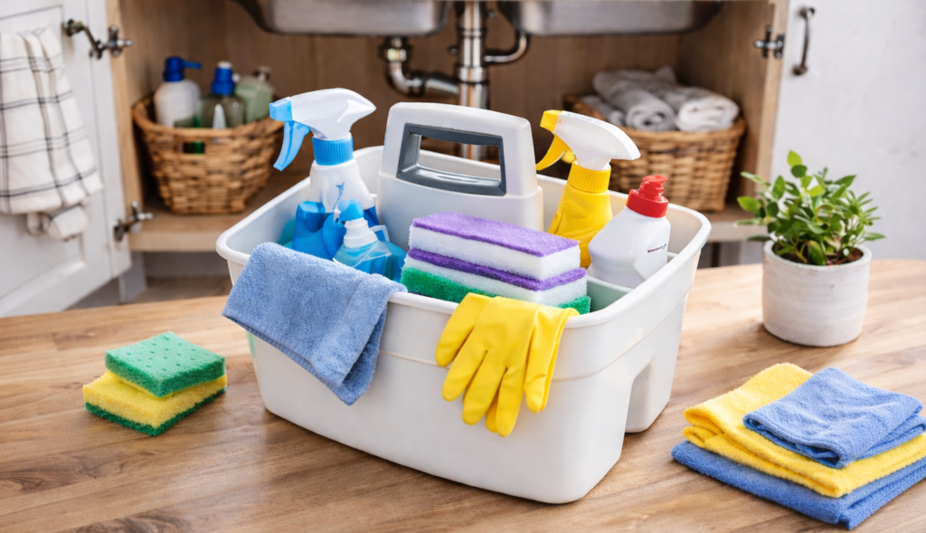 Portable cleaning caddy with spray bottles, sponges, cloths, and gloves placed under a kitchen sink cabinet.