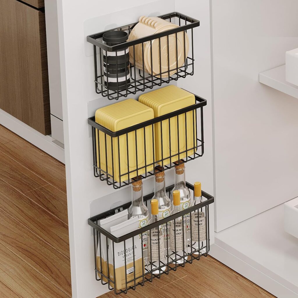 Cabinet door storage rack with baskets holding sponges, containers, and bottles for extra kitchen storage