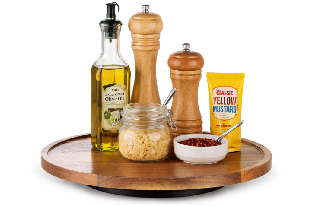 Wooden kitchen tray holding oil bottles, salt, and utensils grouped together to keep countertop organized