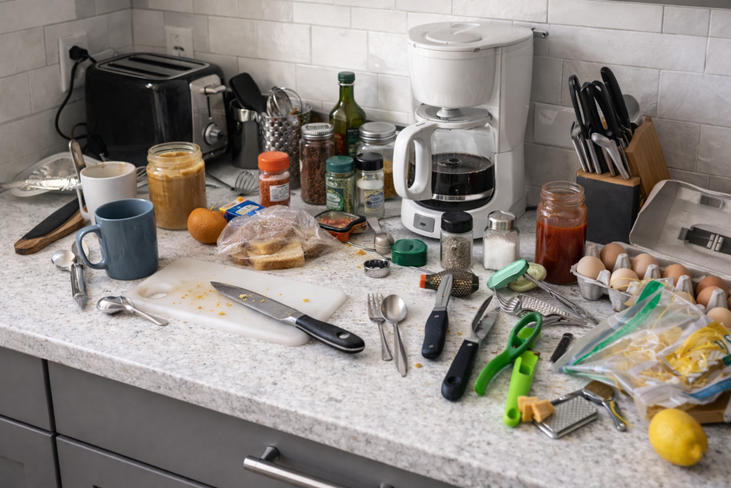 Cluttered kitchen counter with everyday items like utensils, mugs, spices, and small appliances scattered across the surface