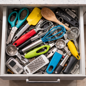Kitchen drawer filled with mixed utensils and gadgets without dividers