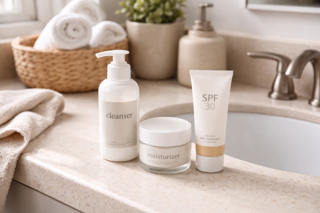 Simple skincare routine on bathroom counter with cleanser, moisturizer, and SPF in natural daylight