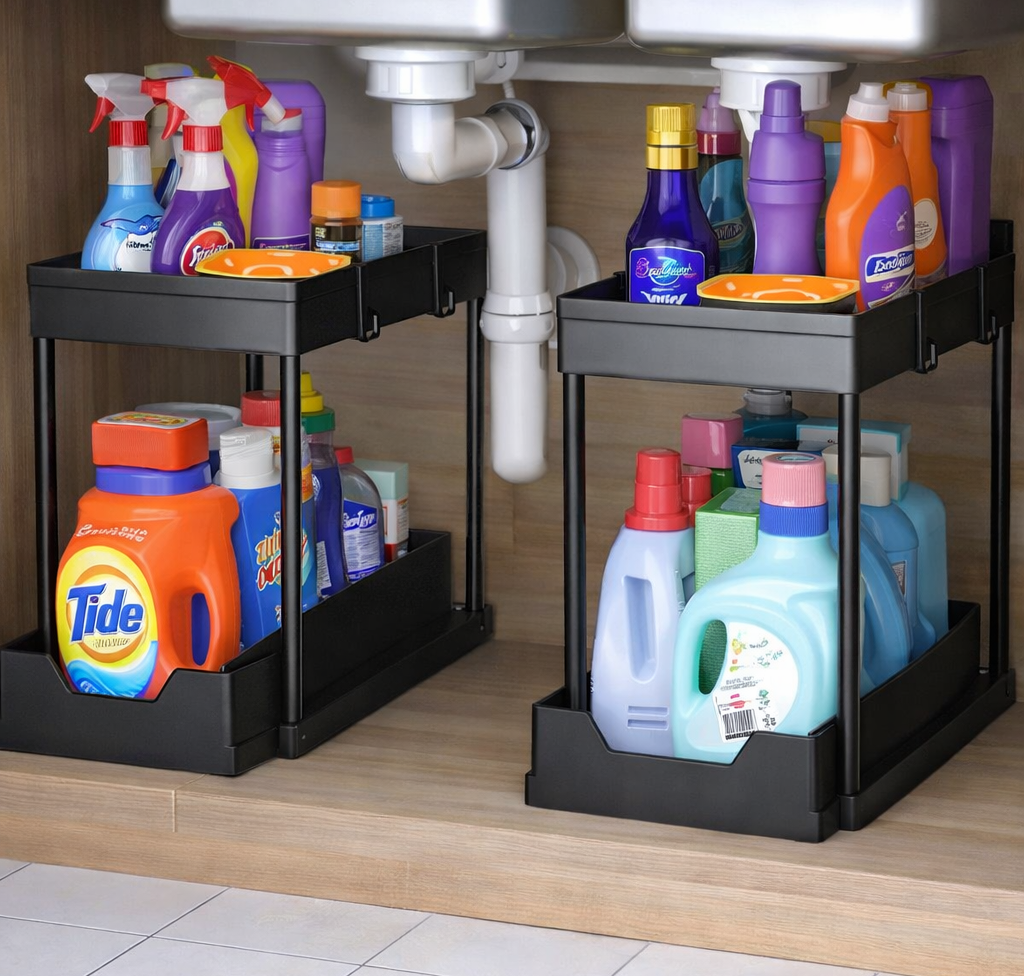 Under-sink cabinet with two sliding organizers holding cleaning bottles and household supplies, making items easier to access around plumbing pipes.