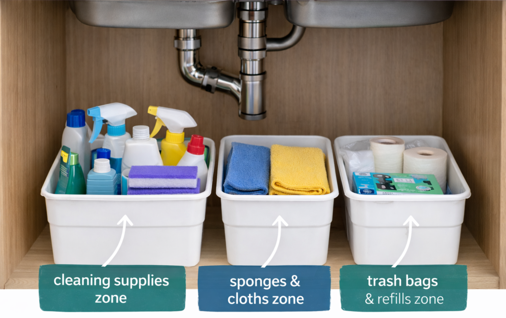 Organized under-sink cabinet with three storage bins labeled for cleaning supplies, sponges and cloths, and trash bags and refills.