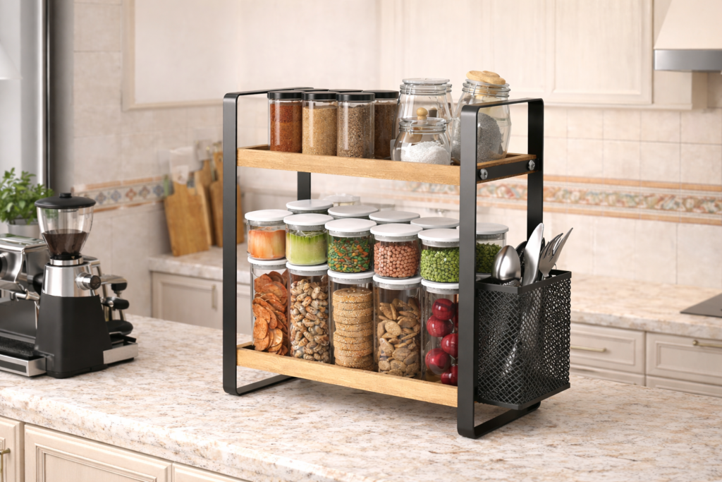 Two-tier kitchen shelf organizer with spices, bottles, and utensils to maximize vertical counter space