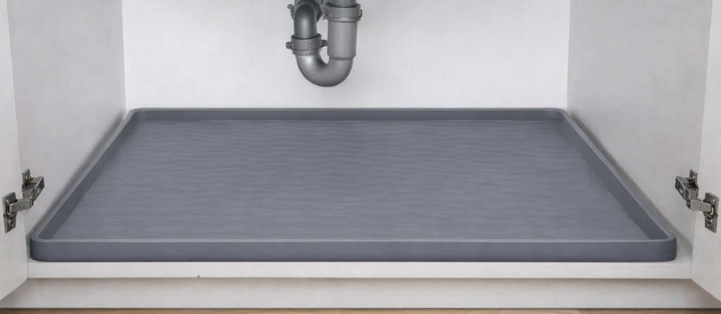 Waterproof under-sink cabinet mat with raised edges placed under kitchen sink plumbing to protect the cabinet from leaks and spills.