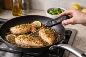 Checking chicken temperature in skillet